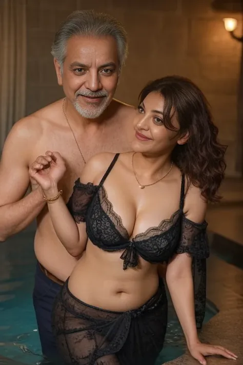 Day scene,kajal and Oldman, Indian black old man, couple pose, a Oldman and kajal in under the water fall, black lace bra and saree, detailed old man, old man gripping kajal waist,big cheeks, curvy, Hollywood lips, wet navel, deep cleavage, necklace, eroti...