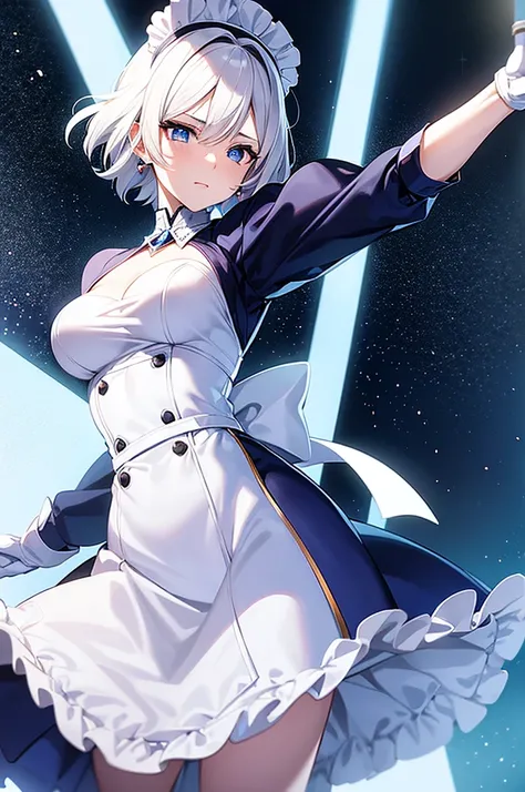 anime woman with short, white hair and blue eyes, holding a musical conductors baton, anime woman in a maid costume, white gloves.