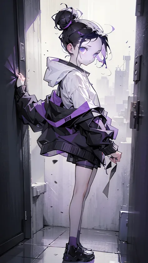 boy. thoughtful look. open forehead. black and purple hair tied in a bun on the left side to one side. sinuous black horns wrapped in dark purple ribbon. pale violet eyes. in short dark purple shorts. long white T-shirt. dark purple knee-high socks. dark p...