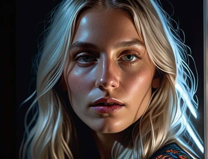 (front focus), (in the dark:1.6), Hyperrealist portrait of female by david hockney and alphonse mucha, fantasy art, photo realistic, dynamic lighting, artstation, poster, volumetric lighting, very detailed faces, 4 k, award winning, 1girl, in the dark, dee...