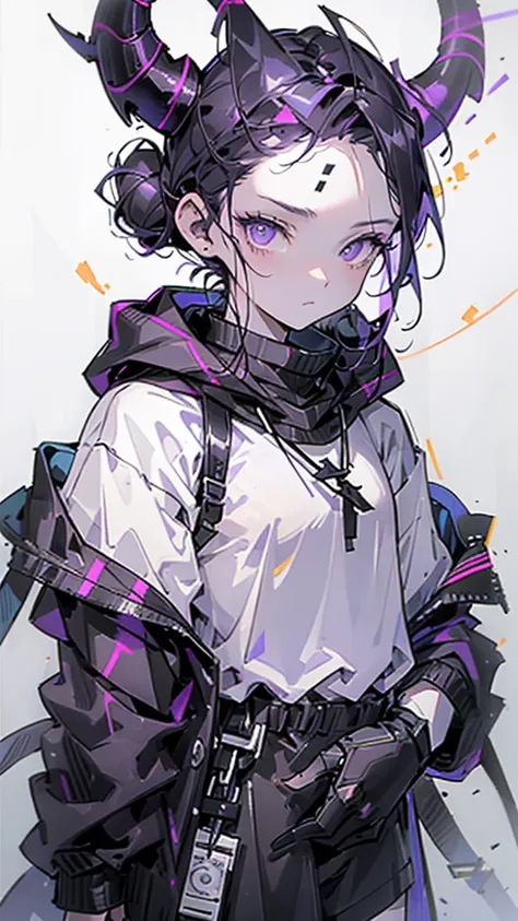 boy. thoughtful look. open forehead. black and purple hair tied in a bun on the left side to one side. sinuous black horns wrapped in dark purple ribbon. pale violet eyes. in short dark purple shorts. long white T-shirt. dark purple knee-high socks. dark p...