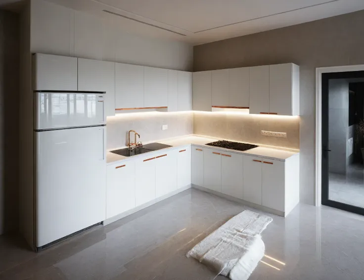 ,Masterpiece, Best quality,8K, Ultra-high resolution,When you step into the ((KITCHEN: 1.3)) ,Immediately surrounded by a rich atmosphere of luxury. The space  was covered with a soft white fluffy blanket,It is so comfortable,So much so that you cant help ...