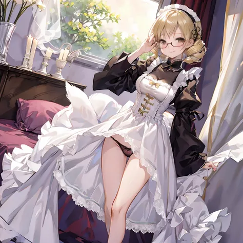 Slim woman wearing glasses、Show your underwear、Sheer lace underwear、Long maid outfit、Mami Tomoe、smile、Bedroom、Are standing