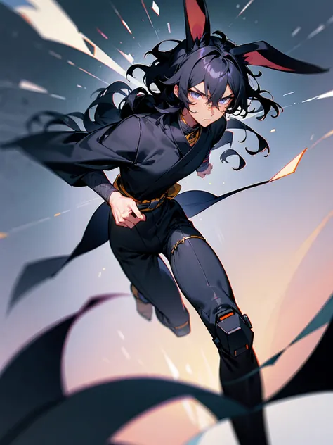 1male, young, dark skin, black hair, wavy middle parted hair, rabbit ears, grey eyes, lean build, black sweatshirt, black super suit, tied to waist, leg bracers, Japanese school, serious expression 