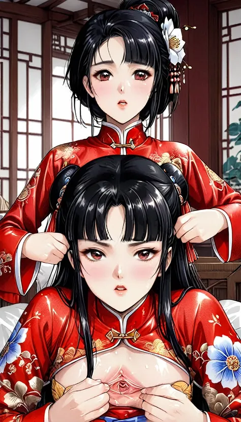 A tragic historical drama in 8k live-action style: Beautiful palace secrets　Beautiful Chinese Kung Fu Princess with long black hair has very intense sex with old Emperor　Gorgeous embroidery, Ultra glossy, She is wearing a shiny red top and bottom long slee...