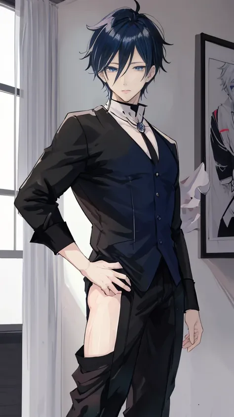 Full Body，Anime - Style image of a man in black and white shirt and pants, Beautiful anime poses, Tall anime boy with blue eyes, Full body portrait de un corto!, Male anime style, Full body anime illustration, Anime Youth, !!Full body portrait!!, inspired ...