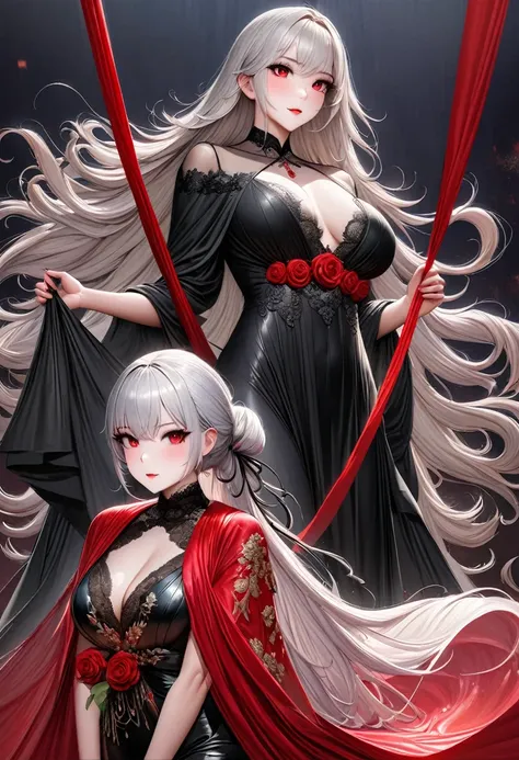 best quality, Ridiculous, Extremely detailed, 2.5D, delicate and dynamic, Beautiful woman, White hair tied up, Gorgeous black evening dress, Red Line, Shiny satin fabric, Lace, embroidery, robe, shawl, Accessories, Attractive appearance, Optimal body propo...