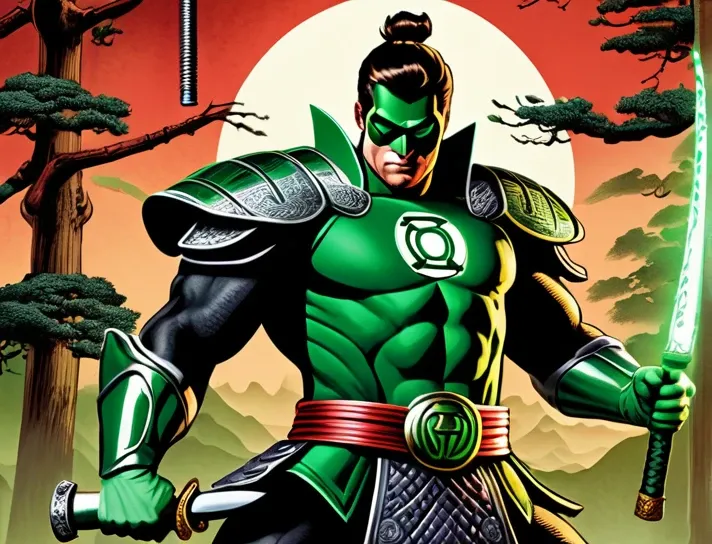 (a detailed scene,highres,realistic),Green Lantern as a traditional samurai, Heraldry banner on his back, Defeating oni foes, Sword and powers, Feudal Japan backdrop, Classic samurai armor, Dramatic lighting, Vibrant colors.