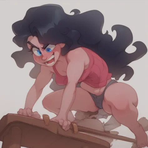 Ralph Bakshi Style, Curvy blue eyed girl with long wavy black hair and small breasts, (cruel_expression):3.0, humping broom