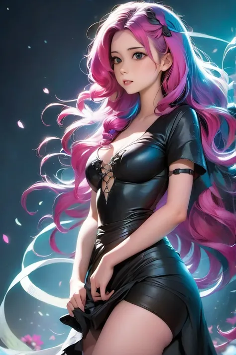 a girl with long hair and a black dress stands in front of a blue light, concept art by Ross Tran, Artstation, conceptual art, :: rossdraws, anime girl with cosmic hair, beautiful anime art style, loish |, jen bartel, loish art style, ross tran style, artg...