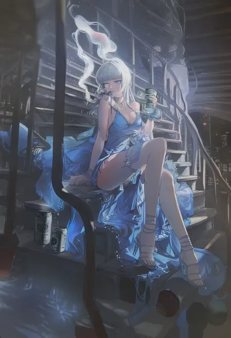 detailed, aesthetic, beautiful, beautiful color, amazing quality, best quality, 1girl, white hair, blue eyes, translucent dress, solo, long hair, stairway, sitting, smoking, cig in hand, beer can, neo lights, night