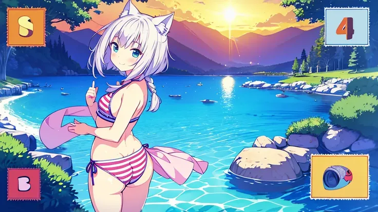 (Masterpiece), (High quality anime illustration), (Super definition), A girl, Alone, Beautiful silver hair girl, anime change, cat ear , , emphasis on the thigh, Striped bikini, SMILE, buttocks, buttocks Up, Back, South Island Sea, water, Tarot Card Wind