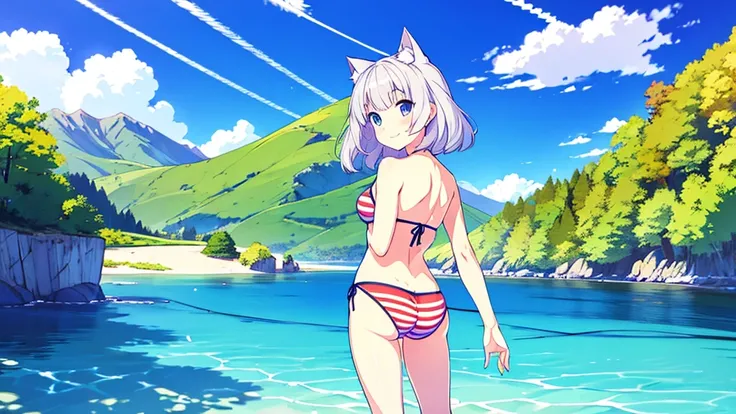 (Masterpiece), (High quality anime illustration), (Super definition), A girl, Alone, Beautiful silver hair girl, anime change, cat ear , , emphasis on the thigh, Striped bikini, SMILE, buttocks, buttocks Up, Back, South Island Sea, water, Tarot Card Wind