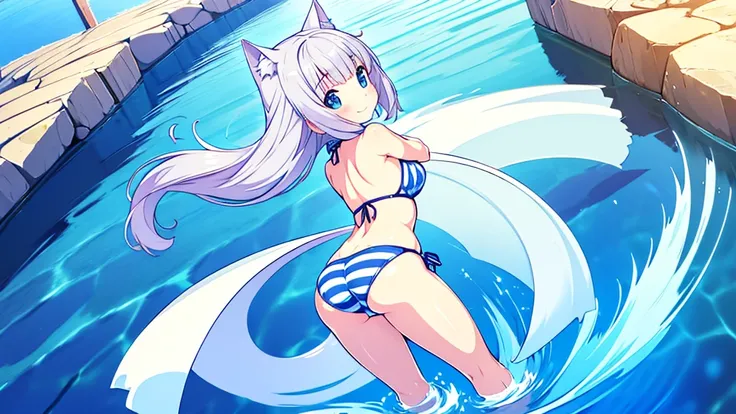 (Masterpiece), (High quality anime illustration), (Super definition), A girl, Alone, Beautiful silver hair girl, anime change, cat ear , , emphasis on the thigh, Striped bikini, SMILE, buttocks, buttocks Up, Back, South Island Sea, water, Tarot Card Wind