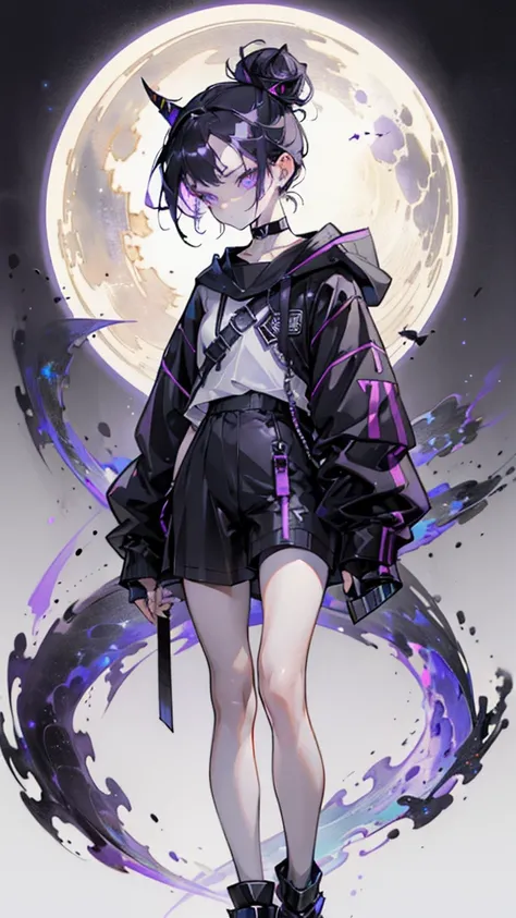 boy. thoughtful look. open forehead. black and purple hair tied in a bun on the left side to one side. sinuous black horns wrapped in dark purple ribbon. pale violet eyes. in short dark purple shorts. long white T-shirt. dark purple knee-high socks. dark p...