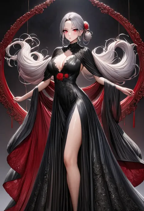 best quality, Ridiculous, Extremely detailed, 2.5D, delicate and dynamic, Beautiful woman, White hair tied up, Gorgeous black evening dress, Red Line, Shiny satin fabric, Lace, embroidery, robe, shawl, Accessories, Attractive appearance, Optimal body propo...