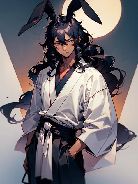 1male, young, dark skin, black hair, wavy middle parted hair, rabbit ears, grey eyes, lean build, black yukata, tied to waist, japanese mask