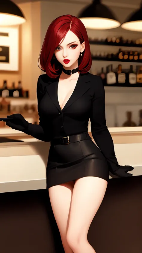 woman with dark red hair, with red eyeliner, makeup, light lipstick, red jacket, black gloves, tight and smooth black skirt, black shirt, in front of a bar
