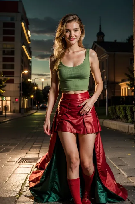 Lituania, pretty women blonde, good face, standing up, (((wear a green top)), (((wear a red skirt))), on the Vilnius place, smirk
   
