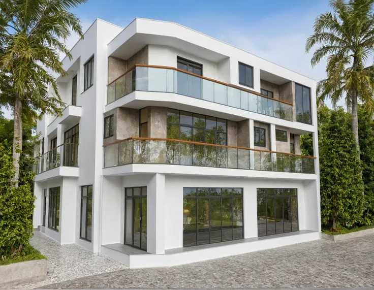 modern villa on street, (daylight), tropical tree, vivid colour, streetcapes, white tone, white wall, large glass door, warm int...