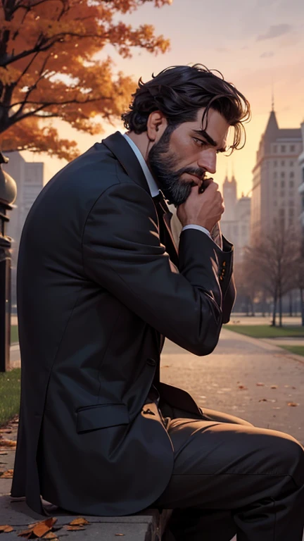 A man ( MANOLO)with a disheveled appearance and with several days of beard, Man sitting in an empty park at dusk, with the leaves falling around and an air of melancholy in the air.Text: "The days become eternal nights in this empty park without you."