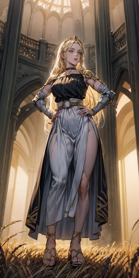 full body whole body 1sologirl, stunning painting of a knight with blonde hair, wheat field, epic clouds ((painterly)) ((impressionist)) vibrant, soft edges (((warm glow))) hands on hips, metal sandals, leather choker with golden bell, big belt, view from ...