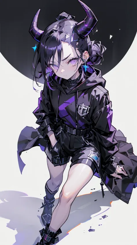 boy. thoughtful look. open forehead. black and purple hair tied in a bun on the left side to one side. sinuous black horns wrapped in dark purple ribbon. pale violet eyes. in short dark purple shorts. long white T-shirt. dark purple knee-high socks. dark p...