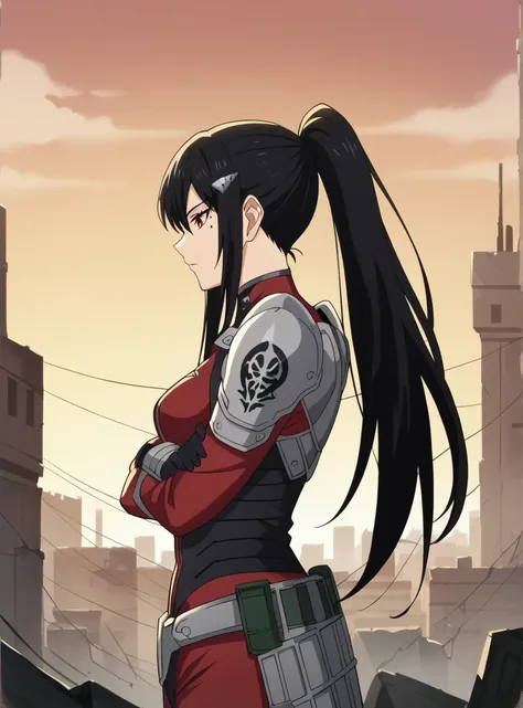 , score_9, score_8_superior, score_7_superior, score_6_superior, score_5_superior, score_4_superior, sauce_anime, masterpiece , anime screencap,  Absurd, tower, Black Hair, ponytail, Long Hair, hair ornaments, Mole under eye, Mole, Red eye bodysuit, armor,...