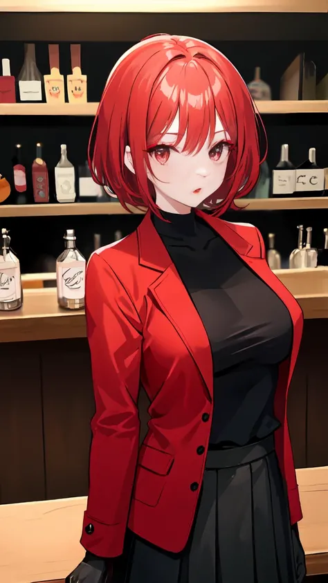 woman with short red hair, with red eyeliner, makeup, light lipstick, red jacket, black gloves, tight and smooth black skirt, black shirt, in front of a bar
