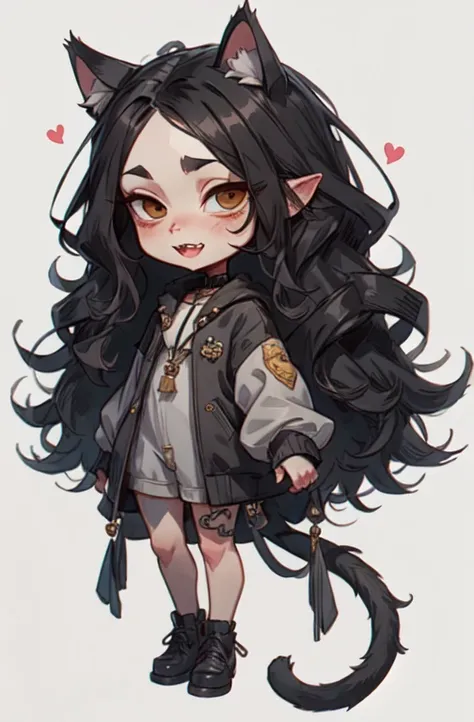 Half body, A pretty woman, long black wavy hair, Brown eyes, Casual clothes, cat ears and tail, fangs, Chibi