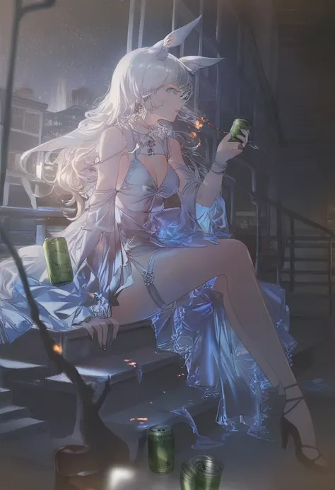 detailed, aesthetic, beautiful, beautiful color, amazing quality, best quality, city lights, neo lights, night, 1girl, white hair, blue eyes, translucent dress, solo, long hair, stairway, sitting, smoking, cig in hand, beer can,