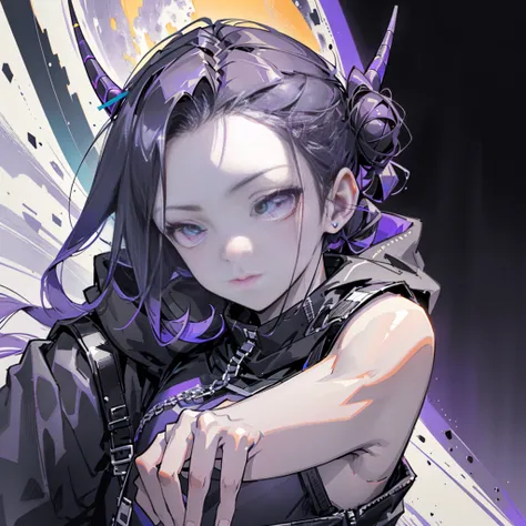 boy. thoughtful look. open forehead. black and purple hair tied in a bun on the left side to one side. sinuous black horns wrapped in dark purple ribbon. pale violet eyes. in short dark purple shorts. long white T-shirt. dark purple knee-high socks. dark p...