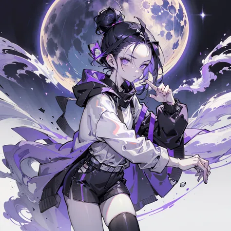 boy. thoughtful look. open forehead. black and purple hair tied in a bun on the left side to one side. sinuous black horns wrapped in dark purple ribbon. pale violet eyes. in short dark purple shorts. long white T-shirt. dark purple knee-high socks. dark p...