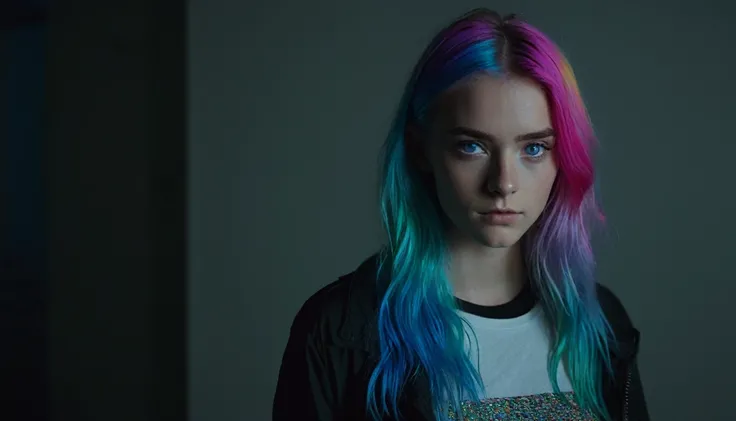 A detailed image of a 23-year-old with rainbow-colored hair and blue eyes, standing and looking at the camera with a serious expression, in a dark room during the late night, taken with a cinematic camera, using portrait with cinematic lighting --ar 16:9 -...