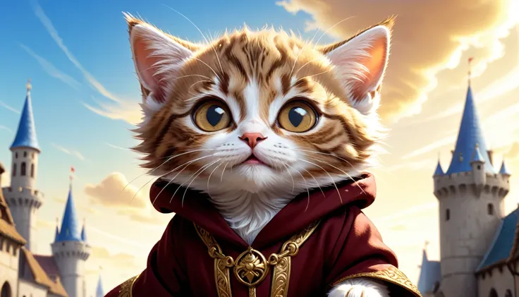 C4tt4stic, illustration of a small and cute creature, the historical background is medieval Europe, the small and cute creature is wearing a luxurious robe, the sky is overhead, fantasy art, exquisite details, anthropomorphic brown tabby kitten with golden...