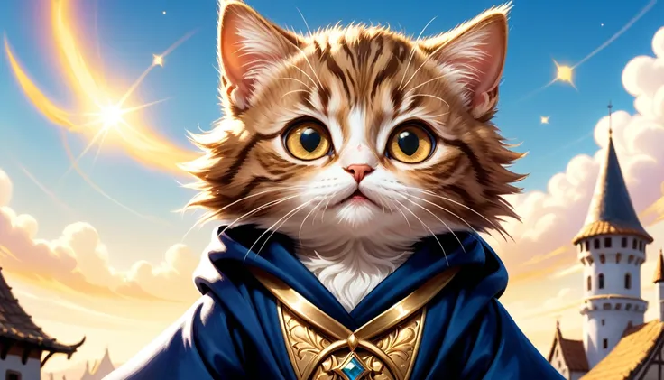 C4tt4stic, illustration of a small and cute creature, the historical background is medieval Europe, the small and cute creature is wearing a luxurious robe, the sky is overhead, fantasy art, exquisite details, anthropomorphic brown tabby kitten with golden...