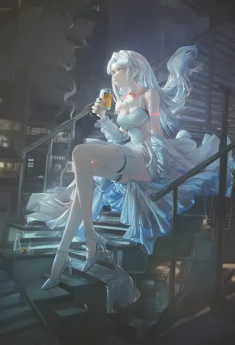 detailed, aesthetic, beautiful, beautiful color, amazing quality, best quality, cyberpunk city, neo lights, night, 1girl, white hair, blue eyes, translucent dress, solo, long hair, stairway, sitting, smoking, beer 