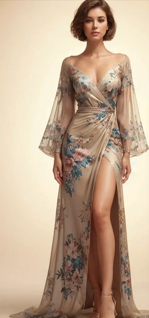 create a realistic beautiful woman with short hair looking real  wearing a beautiful dress with floral design in it.She is wearing a high heels sandals  .  looking straight.with extra slit on 1 side..The background is plain beige color.. 1 woman only 
extr...