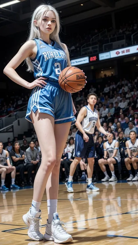 female teenager with white hair, White skin, light blue eyes with basketball uniform full body 