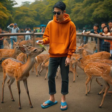 Realistic photo, looks like a 27 year old Indonesian man, thin body, very short hair, wearing an orange hoodie, wearing sunglasses, wearing long black jeans, wearing blue flip-flops,It looks like he is feeding the deer with a leaf , looks different. variou...