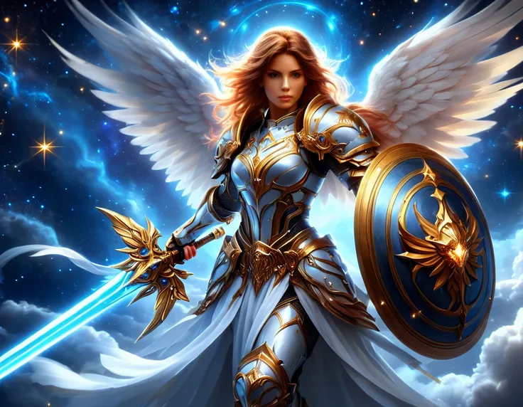 arafed a warrior angel in space battling in the stars, a female angel knight, magnificent beauty, divine beauty, dynamic hair co...