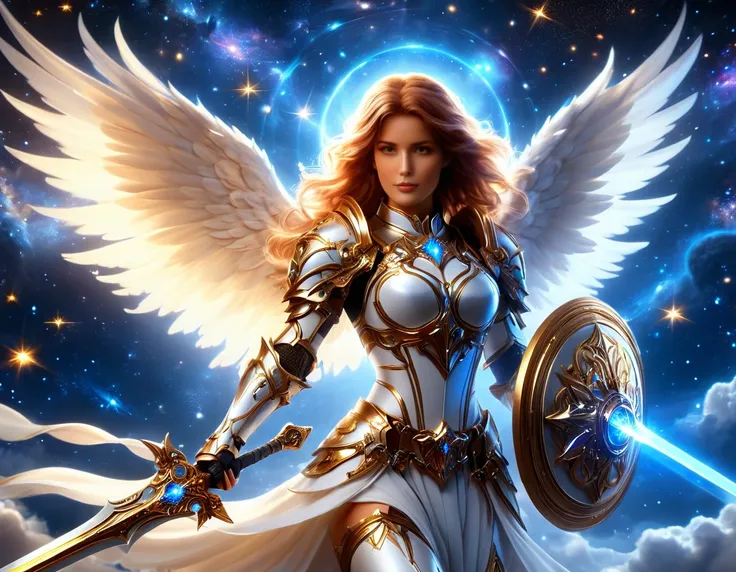 arafed a warrior angel in space battling in the stars, a female angel knight, magnificent beauty, divine beauty, dynamic hair co...