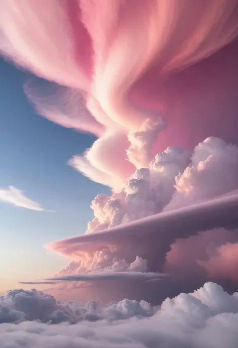 a vibrant pink cloud, captured in a close-up shot, is the focal point against a stark white backdrop. the cloud, composed of swirling and undulating shapes, is the focal point of the image, casting a stark white shadow beneath it. the clouds edges are blur...