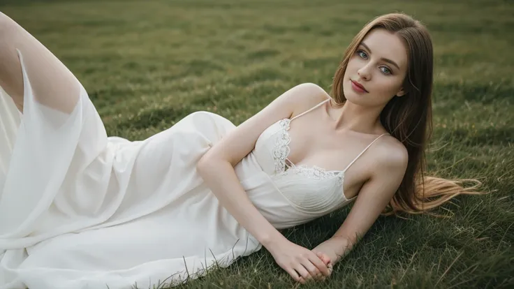 an icelandic woman with beautiful Delicate eyes, Beautiful and delicate lips, Extremely detailed face and skin, Pale skin, 23 years old,Wearing a long dress with spaghetti straps，high heels, medium long shot, Lying comfortably on the grass in the park，
pan...