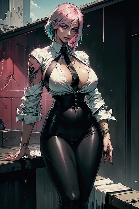 big breasts ((1 sexy yakuza mafia girl)) ((((straight pink and light green hair)))) (((((long side cut style)))) ((straight hair)) ((crystal eyes , perfect eyes)), extremely sexy, ((fitting black blazer, white shirt with short straps underneath, perfect ne...