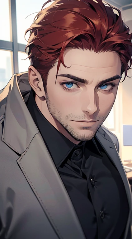 (best quality,4k,8k,highres,masterpiece:1.2),ultra-detailed,(realistic,photorealistic,photo-realistic:1.37),1 man,31 years old,mature man,very handsome,without expression,smile,short grey red hair,blue eyes,penetrating gaze,perfect face without errors,impo...