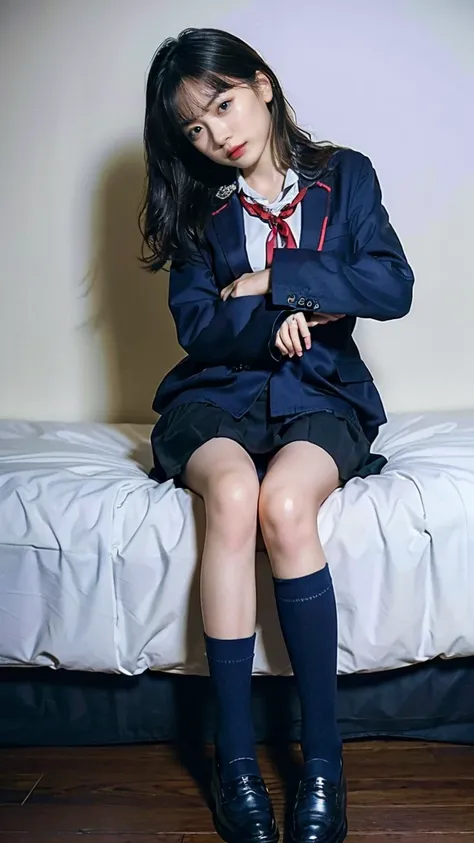 (8k、raw photos、highest quality、masterpiece:1.2)、(realistic、realistic)、1 girl、((blazer uniform、ribbon、mini skirt、navy blue socks、...