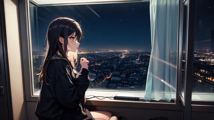 A girl is listening to music on a computer by the window. Outside the window is a night city.