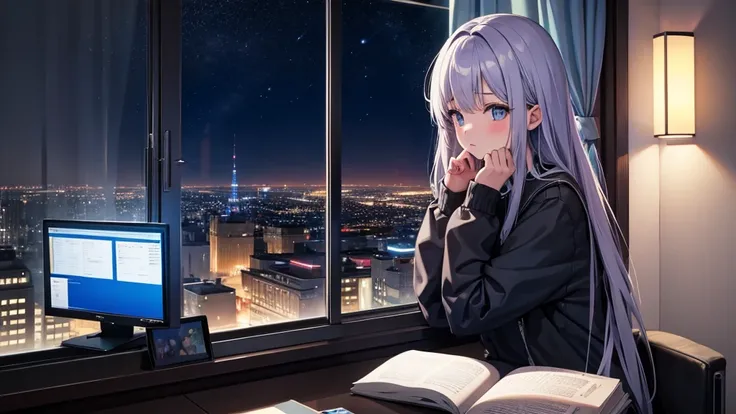 A girl is listening to music on a computer by the window. Outside the window is a night city.