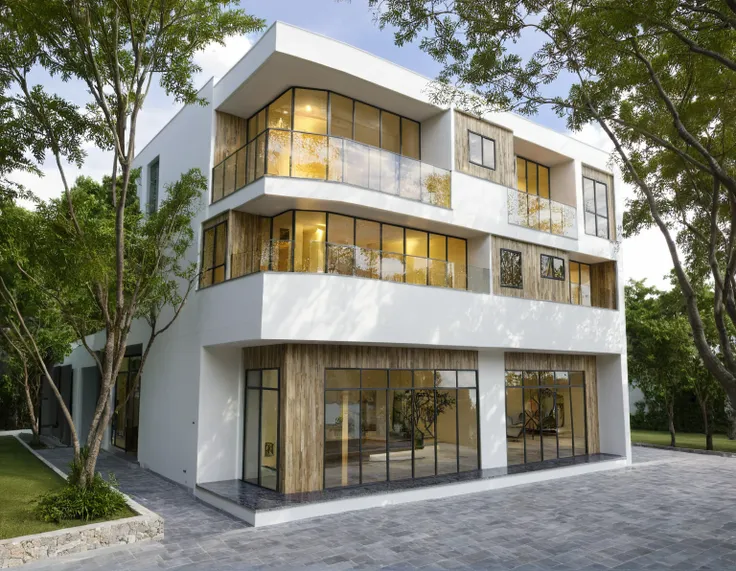 modern villa on street, (daylight), tropical tree, vivid colour, streetcapes, white tone, white wall, large glass door, warm int...